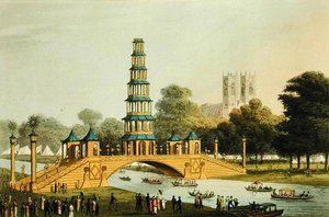 Die chinesische Brücke und Pagode, errichtet im Park zur Erinnerung an den glorreichen Frieden von 1814, graviert von Matthew Dubourg (fl. 1785-20)