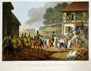 Französische Truppen ziehen sich durch und plündern ein Dorf, graviert von Matthew Dubourg aus 