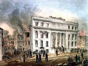 Ruinen der Merchants Exchange New York, graviert von Nathaniel Currier, veröffentlicht von J. Disturnell und dem Künstler