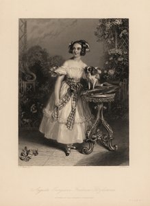 Augusta Georgina Frederica Fitzclarence, Tochter von Lord Frederic Fitzclarence, unehelicher Sohn von König Wilhelm IV. Sie trägt ihr Haar in Locken und Bändern, ein schulterfreies Kleid mit einer Schleife und hält einen King-Charles-Spaniel auf einem Kiss