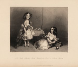 Henrietta Louisa Priscilla und Geraldine Harriet Somerset, Töchter von Henry Somerset, 7. Herzog von Beaufort. Zwei Mädchen in schulterfreien Kleidern mit Bändern, Haare in Ringellocken, spielen mit einem Spielzeug-Teeset und Ball. Stahlstich von H. Cook n von John James (after) Chalon