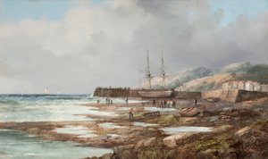 Ohne Titel [Angedocktes Segelschiff mit Dorf im Hintergrund] von John James Wilson