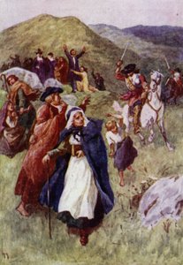 Soldaten vertreiben Menschen, die sich in den schottischen Hügeln zum Gottesdienst versammelt haben (Farblithographie) von John Jellicoe