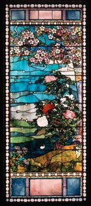 Blühender Kirschbaum und Pfingstrose, Fenster aus dem Frederick Lothrop Ames House, Boston, Massachusetts von John La Farge