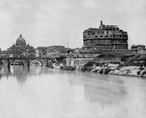 San Angelo Schloss und Brücke über den Tiber, im Hintergrund: Basilika Sankt Peter in Rom