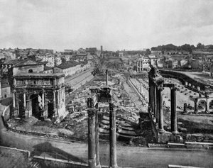 Das Forum in Rom mit Ruinen antiker Monumente: Bogen von Septimius Severus (l), Säulen des Saturntempels (r) und Säulen des Vespasian-Tempels (vorn) von John Lawson Stoddard