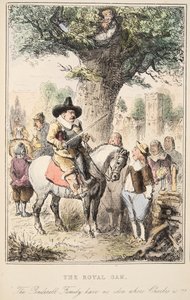 Die Königseiche. Die Familie Penderell hat keine Ahnung, wo Charles ist!!!, aus The Comic History of England, veröffentlicht 1864 (handkolorierte Radierung) von John Leech