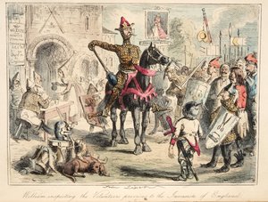 Wilhelm der Eroberer inspiziert die Freiwilligen vor der Invasion Englands, aus The Comic History of England, veröffentlicht 1864 (handkolorierte Radierung)