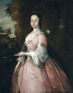 Diana Pryce mit den Attributen der Diana