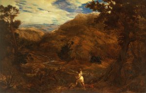 Weitläufige bergige Waldlandschaft mit David und dem Löwen von John Linnell