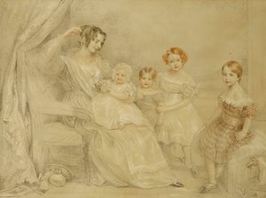Porträt von Mrs. W.S. Fry und ihren vier Kindern: Emma, Willy, Julie und Georgina, sitzend in einem Innenraum, 1840 von John Linnell