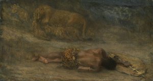 Eine Löwin mit ihren Jungen bei einem toten schwarzen Mann, genannt 