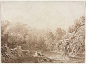 Ein Mann spielt Harfe mit anderen Figuren neben einem See von John Martin