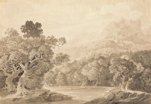 Bewaldetes Flussufer, Hügelstadt und Berggipfel in der Ferne von John Martin