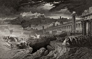 Marcus Curtius reitet in den Abgrund, graviert von H. Le Keux von John Martin