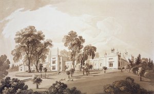 Ansicht des Bauernhauses mit Sichtschutz zu den Ställen und Farmgebäuden des Sezincote House, graviert von Frederick Christian Lewis Snr., ca. 1817-18