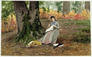 Frau stickt unter einem Baum
