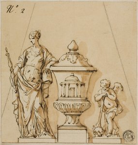 Entwurf für ein Grabdenkmal mit Schicksal, Urne, Putto