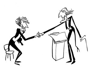 Karikatur eines Dirigenten, der den Leiter des Orchesters begrüßt