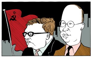 Dmitri Schostakowitsch mit Sergei Prokofjew mit sowjetischer Flagge