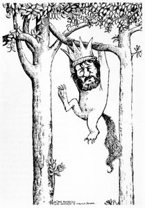 Oliver Knussen, Karikatur hängend an einem Baum mit Krone - Englischer Komponist und Dirigent von John Minnion