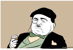 Reynaldo Hahn, Karikatur des deutsch-venezolanischen Komponisten und Dirigenten mit einem Glas Wein von John Minnion