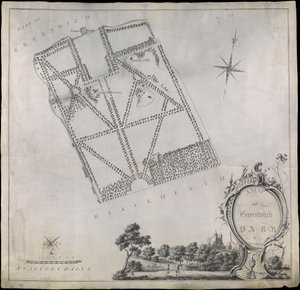 Plan des Greenwich Parks, zeigt das Royal Observatory, One Tree Hill und das Ranger