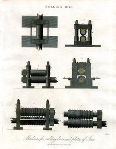 Walzwerk: Technische Illustration von Eisenwalzmaschinen von John Pass