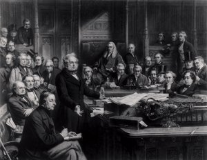 Das Unterhaus im Jahr 1860: Lord Palmerston spricht das Haus während der Debatte über den Vertrag mit Frankreich an, graviert von Falkner, 1863 von John Phillip