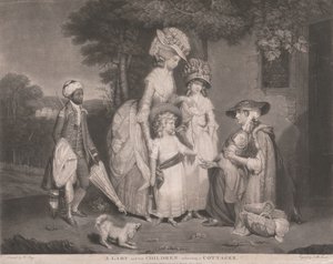 Eine Dame und ihre Kinder helfen einem Landbewohner von John Raphael Smith