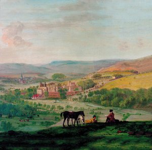Eine Ansicht von Haddon Hall im 18. Jahrhundert mit dem Dorf Bakewell im Hintergrund von John Raphael Smith
