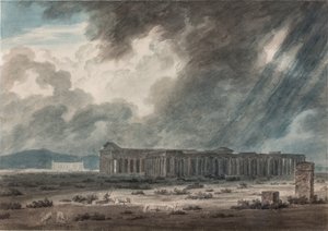 Ruinen von Paestum bei Salerno: Die drei Tempel, ca. 1792 (Aquarell, Tinte und Bleistift auf Papier) von John Robert Cozens