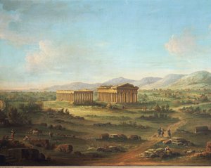 Zwei große Tempel von Paestum, Basilika links und Tempel des Neptun oder Poseidon rechts, von John Robert Cozens