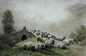 Hochlandbrücke mit Schäfer und Herde von John Robert Keitley Duff
