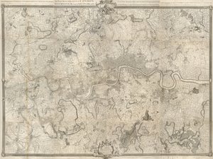 Eine Karte von London aus dem 18. Jahrhundert. Eine genaue Vermessung der Städte London, Westminster, des Stadtteils Southwark und des Landes in einem Umkreis von zehn Meilen, begonnen 1741 und beendet 1745 / von John Rocque, Landvermesser & (gestochen) v von John Rocque