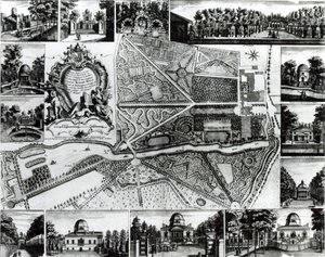 Plan des Gartens und Ansicht der Häuser in Chiswick am Thames von John Rocque