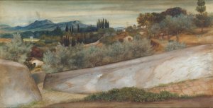 Eine toskanische Landschaft mit Dorf und Olivenhain von John Roddam Spencer Stanhope