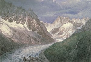 Blick auf das Mer de Glace mit der Aiguille du Moine links und den Grandes Jorasses in der Ferne rechts