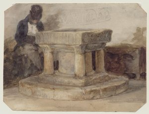 Der Taufstein der Kirche von New Shoreham, West Sussex, mit dem Künstler William Scott aus Brighton (schlafend?) von John Sell (style of) Cotman