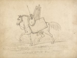 Ein Pferd, beladen mit Künstlerutensilien, geht nach links
