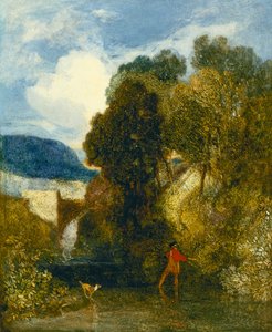 Eine Flusslandschaft mit einem Angler und seinem Hund