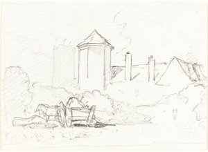 Skizze von Gebäuden mit Wagen und Pferden im Vordergrund von John Sell Cotman