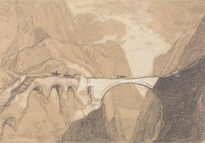 Reisende überqueren eine Brücke über eine alpine Schlucht