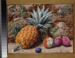 Eine Ananas, ein Pfirsich und Pflaumen auf einem moosigen Ufer von John Sherrin