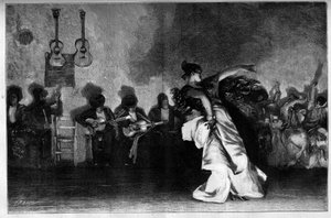 El Jaleo - Zigeunertänze. Gitarristen und Flamencotänzerin. Gravur nach dem Gemälde von John Singer Sargent (1856-1925) in „Die illustrierte Welt“ Nr. 1335 vom 28. Oktober