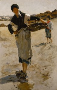 Bretonische Frau mit einem Korb, Skizze für Austernsammelnde von Cancale von John Singer Sargent