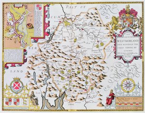 Die Grafschaft Westmorland, graviert von Jodocus Hondius (1563-1612) aus John Speeds Theatre of the Empire of Great Britain, veröffentlicht von John Sudbury und George Humble, 1611-12