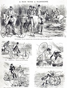 Eine Karikatur, die einen Mann zeigt, der auf einem Dreirad jagt. Illustriert von John Tenniel (1820-1914), ein englischer Illustrator, Grafikhumorist und politischer Karikaturist von John Tenniel