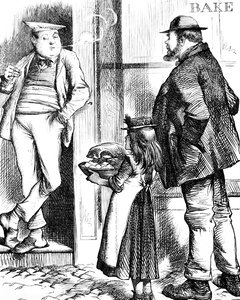 Ein Vater und eine Tochter bringen Essen zum örtlichen Bäcker zum Braten von John Tenniel