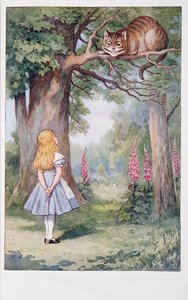 Alice und die Grinsekatze, Alice im Wunderland und Durch den Spiegel und was Alice dort fand, von Lewis Carroll (1832 - 98), veröffentlicht 1911 (farbige Lithographie) von John Tenniel